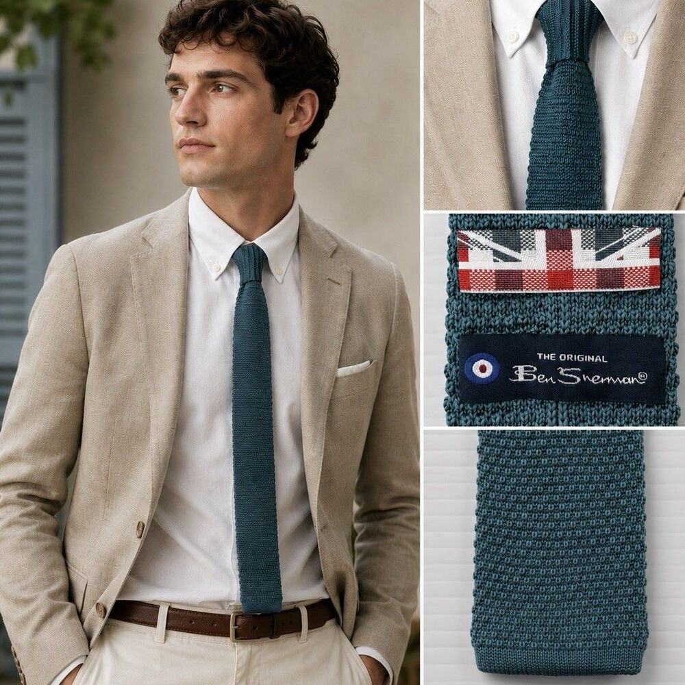 Ben Sherman Teal Knit Tie Square End Skinny Mod Casual Textured Necktie